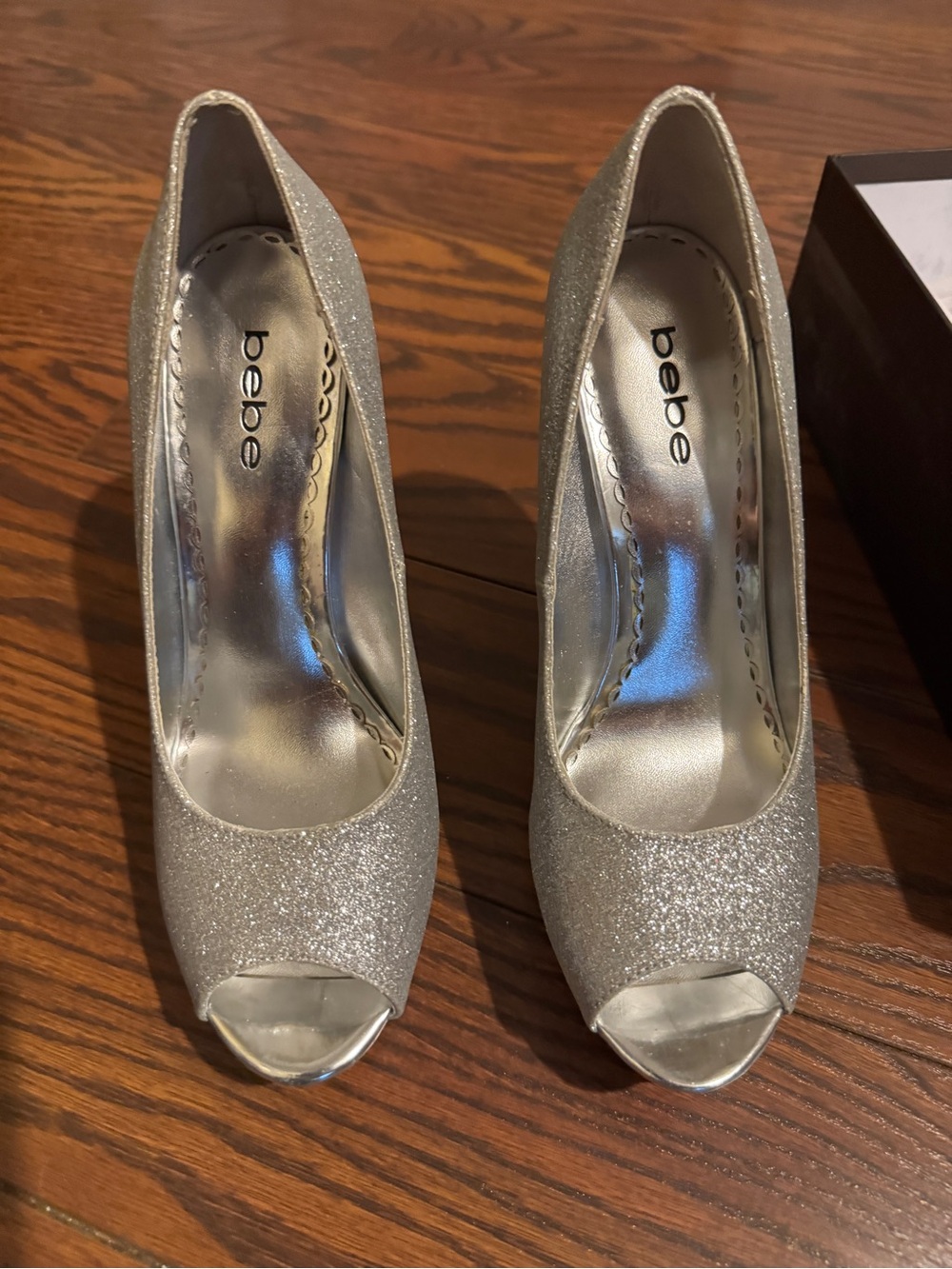 bebe Silver Glitter Peep-Toe Heels